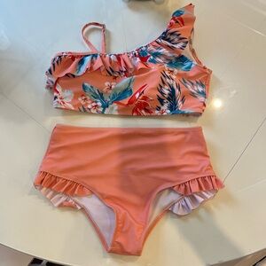 Floral Coral Ruffle Girls Swim Set